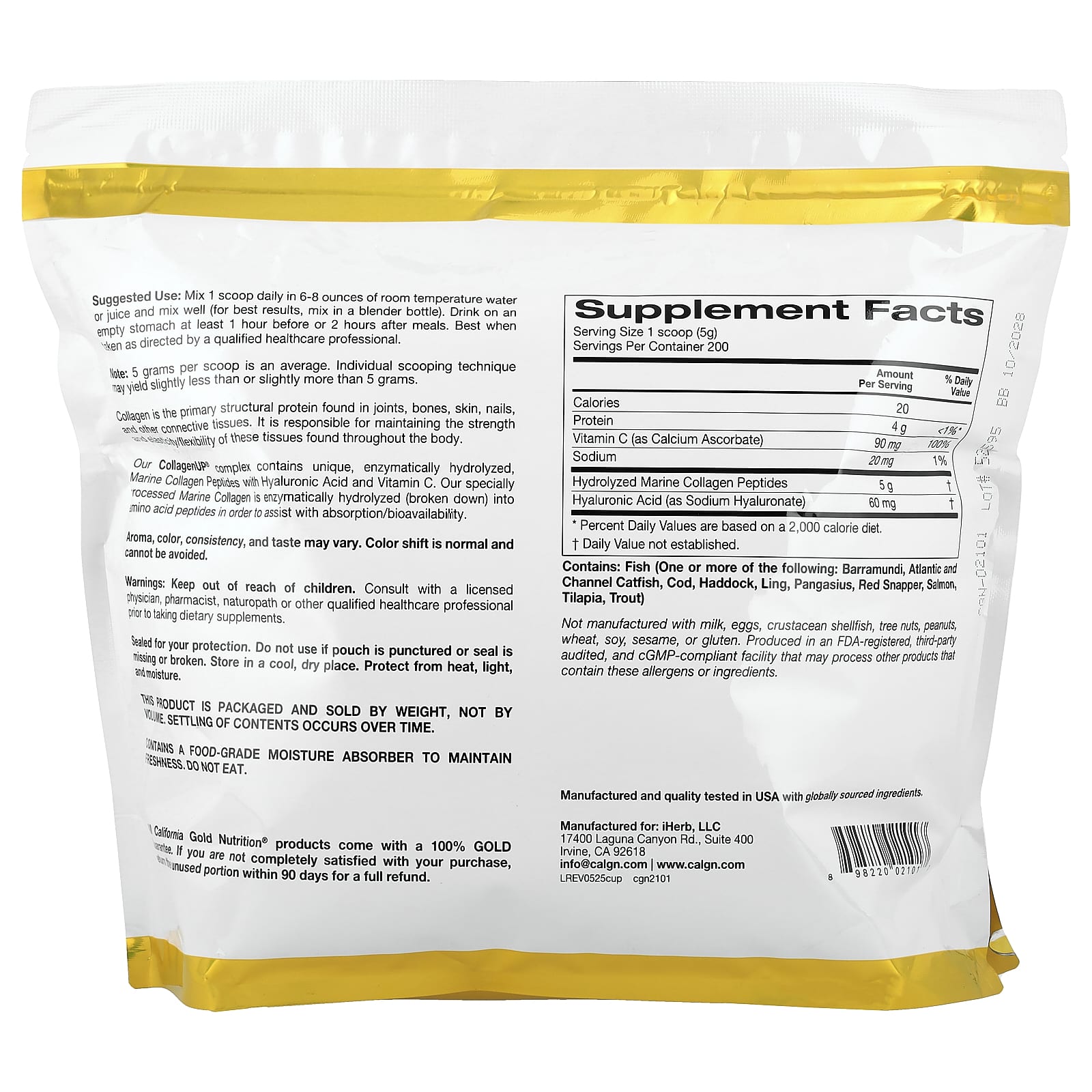 California Gold Nutrition, CollagenUP®，水解海洋膠原蛋白肽 + 透明質酸和維他命 C，原味，2.2 磅（1 千克）