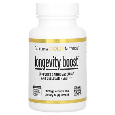 California Gold Nutrition, Longevity Boost with trans-Resveratrol, Olive Leaf Extract, Grape Extract Blend and Medium Chain Triglycerides, 60 Veggie Capsules