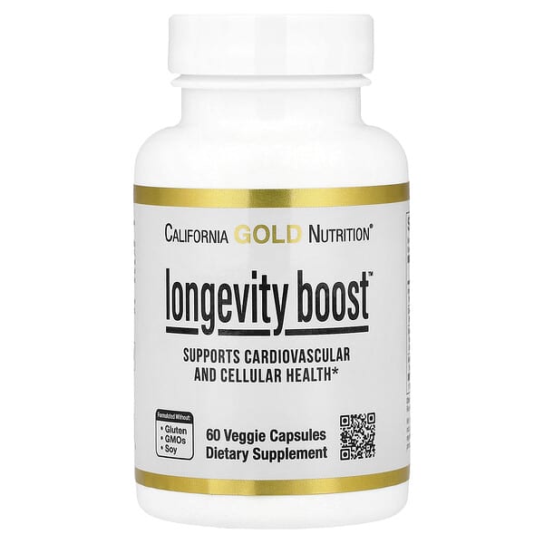California Gold Nutrition, Longevity Boost™ with trans-Resveratrol, Olive Leaf Extract, Grape Extract Blend and Medium Chain Triglycerides, 60 Veggie Capsules — product photo 1