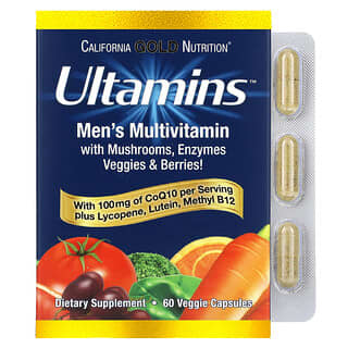 California Gold Nutrition, Ultamins, мультивитаминный комплекс для мужчин с коэнзимом Q10, грибами, ферментами, овощами и ягодами, 60 растительных капсул