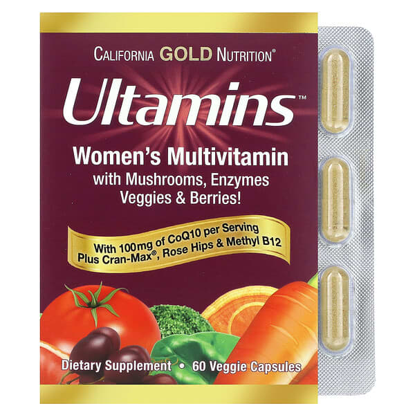 California Gold Nutrition, Ultamins วิตามินรวมสำหรับผู้หญิง ผสม CoQ10, เห็ด, เอนไซม์, ผัก และเบอร์รี่ บรรจุแคปซูลผัก 60 แคปซูล