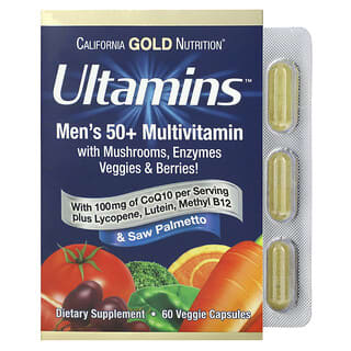 California Gold Nutrition, Ultamins, Suplemento multivitamínico con CoQ10, hongos, enzimas, vegetales y bayas para hombres mayores de 50 años, 60 cápsulas vegetales
