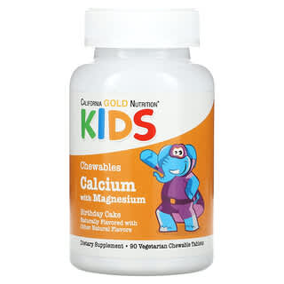 California Gold Nutrition, Calcio más magnesio masticable para niños, Pastel de cumpleaños, 90 comprimidos vegetales