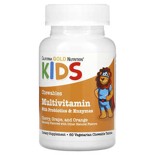 California Gold Nutrition, Suplemento multivitamínico masticable con probióticos y enzimas para niños, Sabores frutales surtidos, 60 comprimidos vegetales