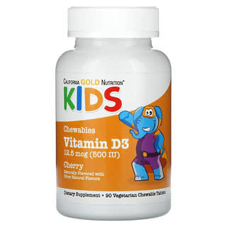 California Gold Nutrition, жевательный витамин D3 для детей, натуральный вишневый вкус, 12,5 мкг (500 МЕ), 90 вегетарианских таблеток