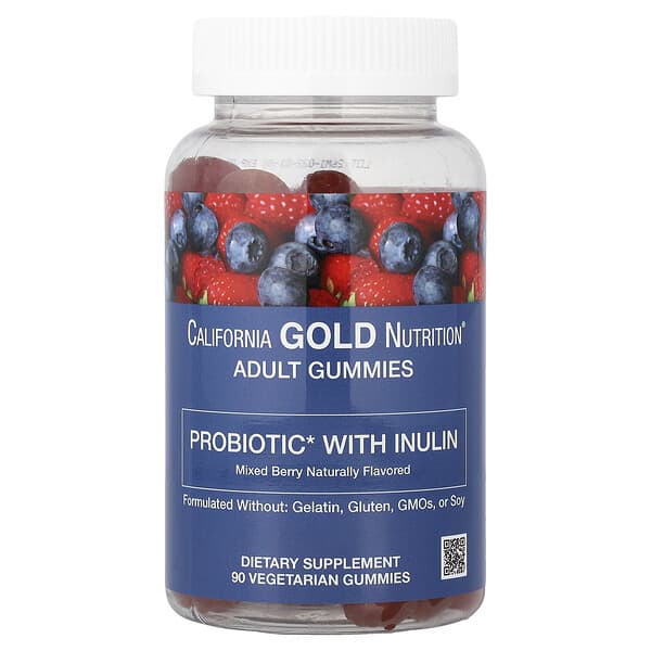 California Gold Nutrition, 이눌린 함유 프로바이오틱, 비타민C, 엽산, 베리 추출 혼합물, 유기농 이눌린 함유, 천연 혼합 베리 맛, 식물성 구미젤리 90개