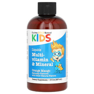 California Gold Nutrition, Suplemento multivitamínico y multimineral líquido para niños, Sin alcohol, Sabor natural a naranja y mango, 237 ml (8 oz. líq.)