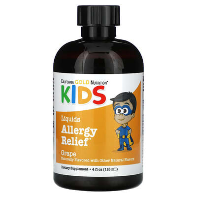 California Gold Nutrition, Liquid Allergy Relief with Elderberry Extract, Vitamin C, Amla Powder and Bromelain for Children, No Alcohol, Grape, 4 fl oz (118 ml)