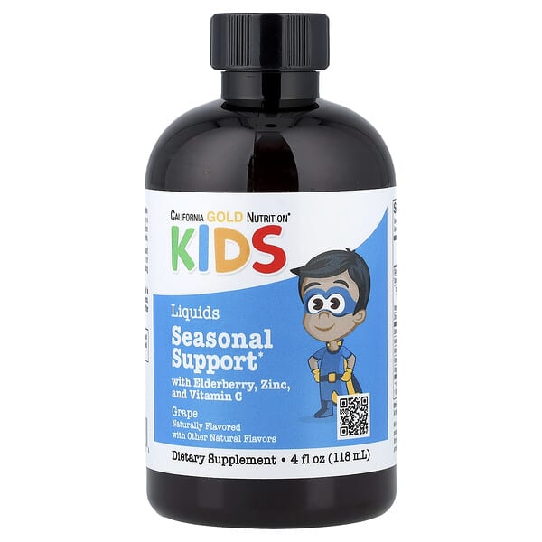 California Gold Nutrition, Liquid Allergy Relief with Elderberry Extract, Vitamin C, Amla Powder and Bromelain for Children, No Alcohol, Grape, 4 fl oz (118 ml) — product photo 1