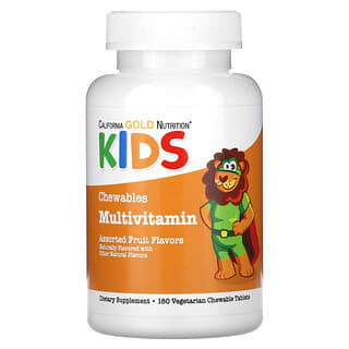 California Gold Nutrition, Suplemento multivitamínico masticable para niños, Frutas surtidas, 180 comprimidos vegetales