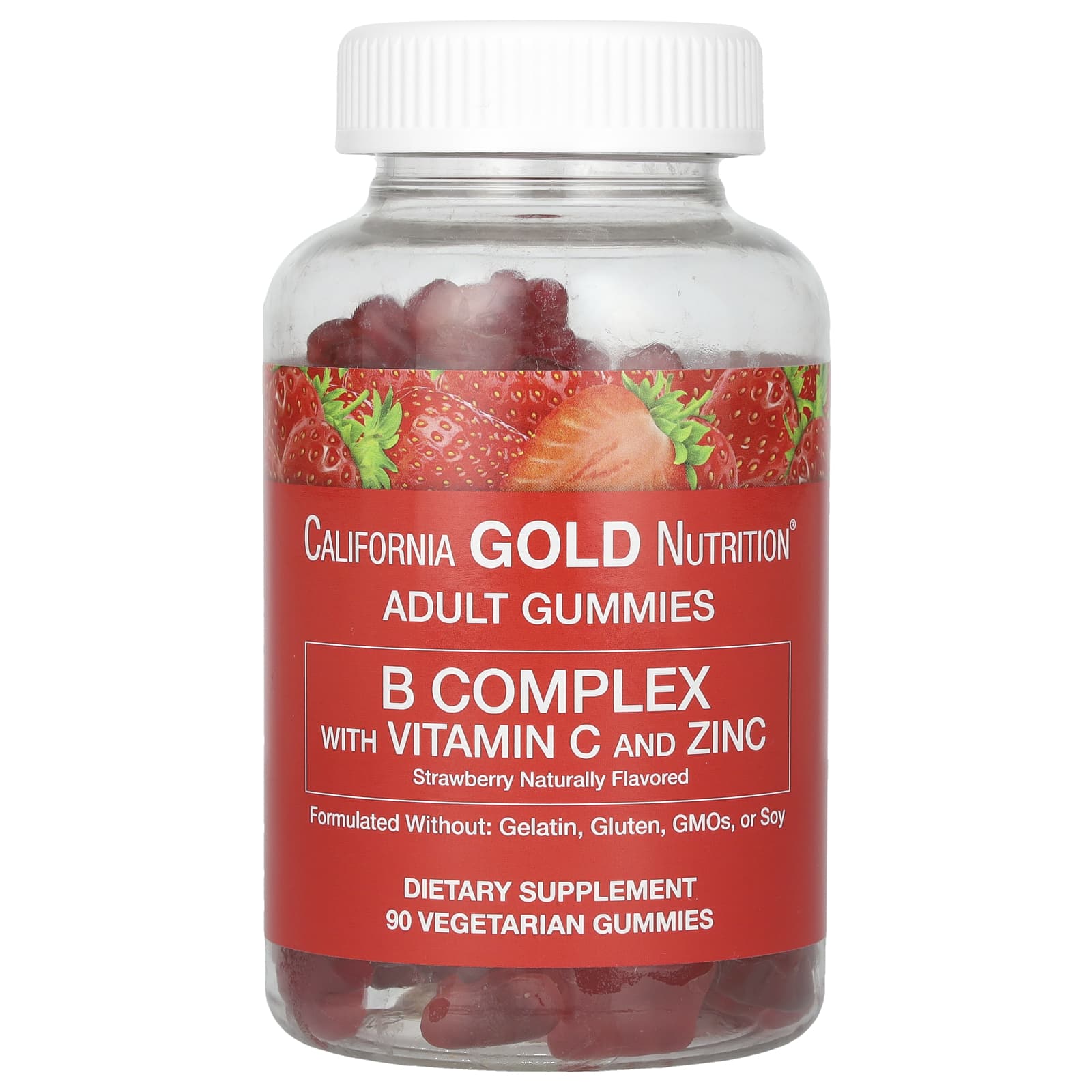 California Gold Nutrition, B 복합체 구미젤리, 비타민C 및 아연 함유, 천연 딸기 맛, 식물성 구미젤리 90개