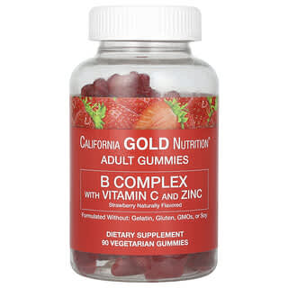 California Gold Nutrition, B Complex с витамином C и цинком в жевательных таблетках, натуральная клубника, 90 вегетарианских жевательных таблеток