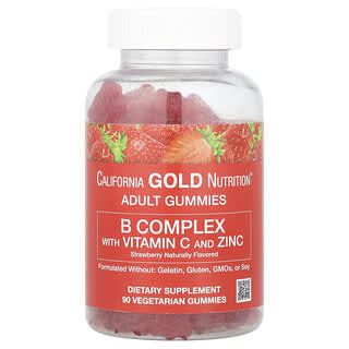 California Gold Nutrition, Gomitas con complejo de vitaminas B, vitamina C y zinc, Sabor natural a fresa, 90 gomitas vegetales