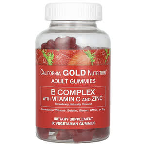 California Gold Nutrition, Gomitas con complejo de vitaminas B, vitamina C y zinc, Sabor natural a fresa, 90 gomitas vegetales
