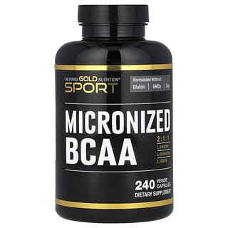 California Gold Nutrition, Sport, микронизированные BCAA, аминокислоты с разветвленной цепью, 500 мг, 240 растительных капсул (250 мг в 1 капсуле)