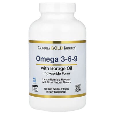 California Gold Nutrition, Omega 3-6-9, with Omega-3 Fish Oil and Borage Seed Oil, EPA, DHA, GLA and Linoleic Acid, Natural Lemon Flavor, 180 Softgels