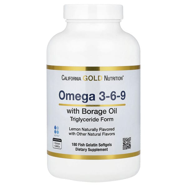 California Gold Nutrition, Omega 3-6-9，含 Omega-3 魚油和玻璃苣籽油、EPA、DHA、GLA 和亞油酸，天然檸檬味，180 粒軟膠囊