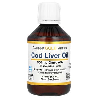 California Gold Nutrition, Aceite de hígado de bacalao, Triglicéridos de origen noruego, Sabor natural a limón, 200 ml (6,7 oz. líq.)