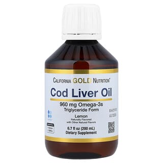 California Gold Nutrition, Óleo de Fígado de Bacalhau com Ácidos Graxos Ômega-3, EPA, DHA, Vitaminas A e D, Norueguês, Forma de Triglicerídeos, Limão Natural, 200 ml (6,7 fl oz)