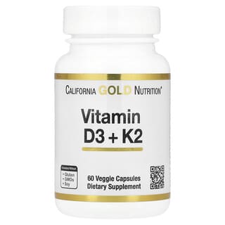 California Gold Nutrition, Vitamin D3 + K2, Nahrungsergänzungsmittel mit Vitamin D3 und K2, 60 pflanzliche Kapseln