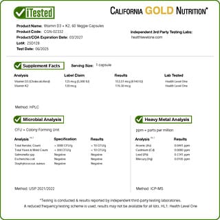 California Gold Nutrition, Vitaminas D3 y K2, 60 cápsulas vegetales