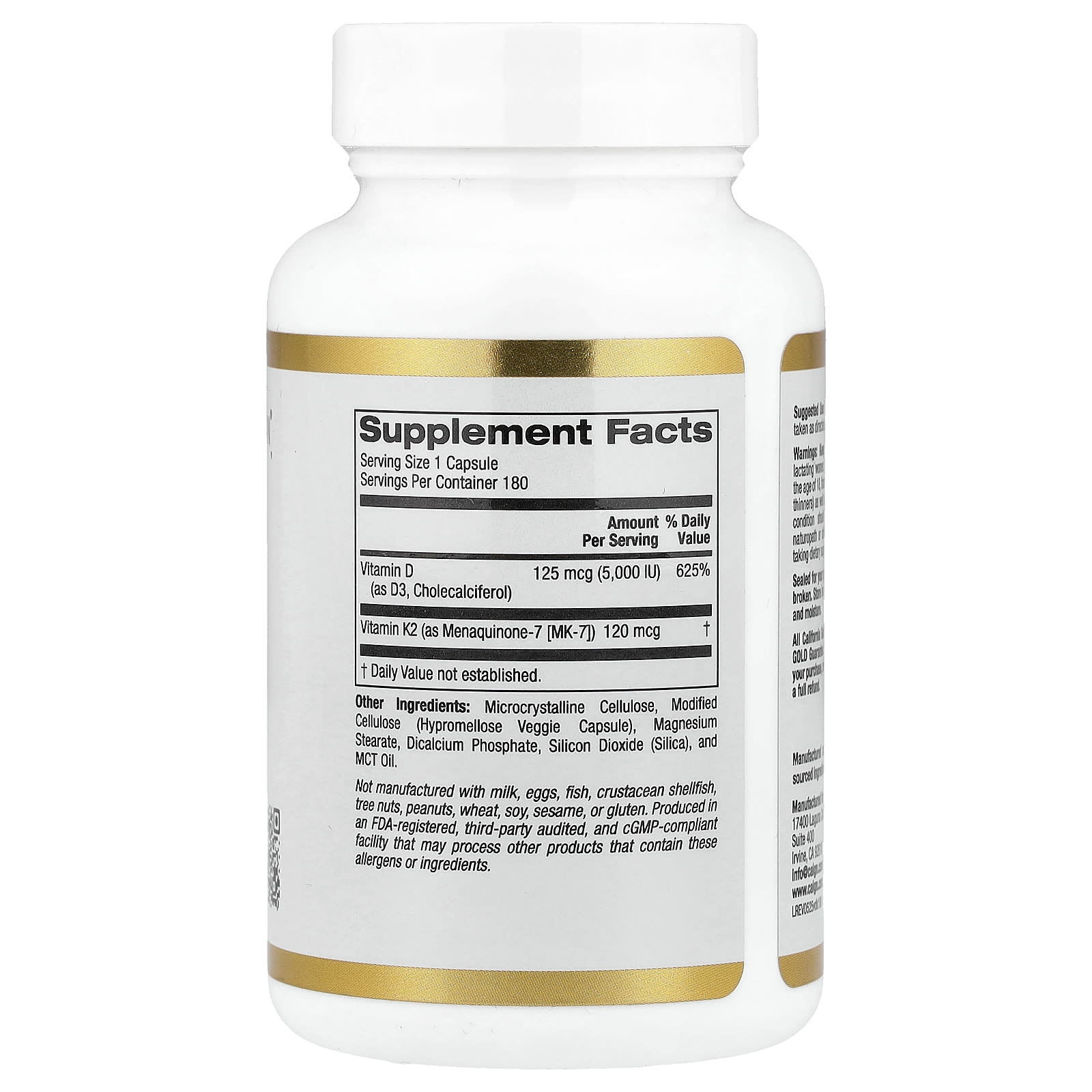 California Gold Nutrition, 維他命 D3 + K2（MK-7），180 粒素食膠囊
