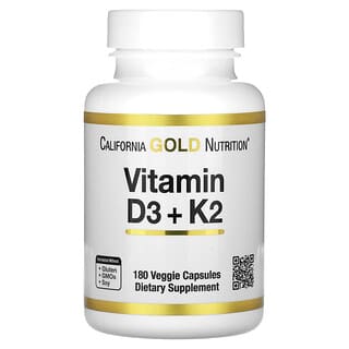 California Gold Nutrition, Vitamin D3 + K2, Nahrungsergänzungsmittel mit Vitamin D3 und K2, 180 pflanzliche Kapseln