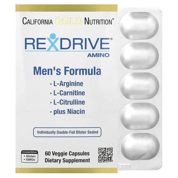 California Gold Nutrition, Rexdrive® 아미노, L-아르기닌 HCl, L-시트룰린, 아세틸-L-카르니틴 아르기네이트 다이하이드로클로라이드, 글라이신 프로피오닐-L-카르니틴 HCl 함유, 남성용 포뮬라, 베지 캡슐 60정