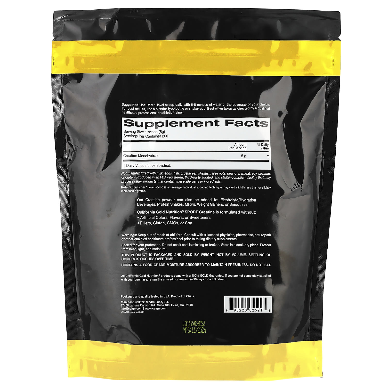 California Gold Nutrition, 運動系列，一水肌酸，原味，2.2 磅（1 千克）