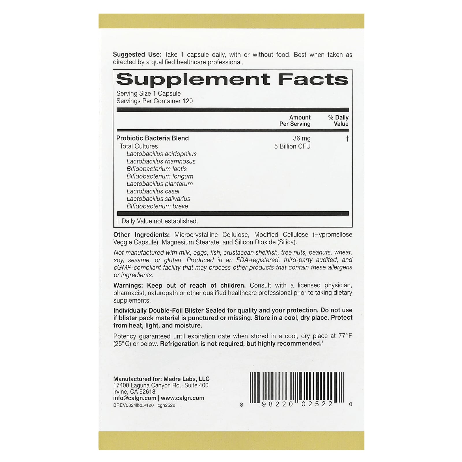 California Gold Nutrition, LactoBif® 5 益生菌，50 億 CFU，120 粒素食膠囊