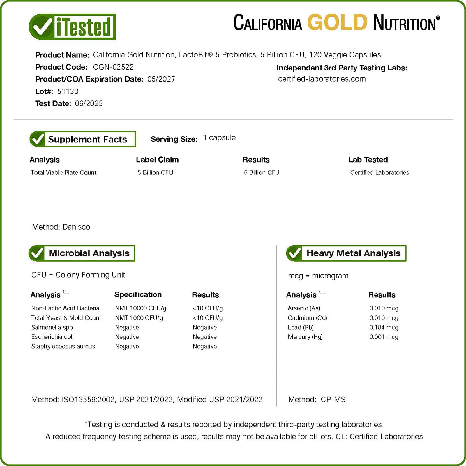 California Gold Nutrition, LactoBif® 5 益生菌，50 億 CFU，120 粒素食膠囊