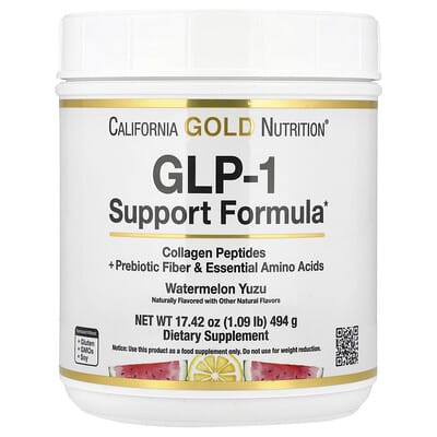 California Gold Nutrition, GLP-1 Support Formula with Collagen Peptides, Prebiotic Fibre & Essential Amino Acids, Watermelon Yuzu, 494 g (1.09 lb)