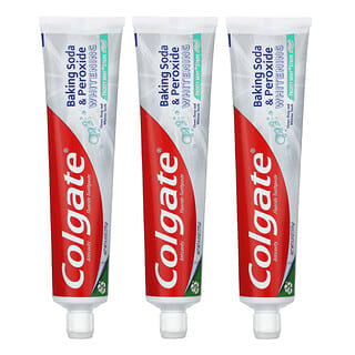 Colgate, Soda oczyszczona i nadtlenek wybielający, pasta do zębów z fluorem przeciwdziałającym próchnicy, żel w paski z mroźną miętą, 3 opakowania po 170 g każda