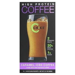 Chike Nutrition, Café glacé riche en protéines, caramel, 12 sachets, 30 g chacun