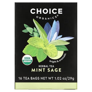 Choice Organic Teas, Herbal Tea, Mint Sage, Caffeine Free, 16 Tea Bags, 1.02 oz (29 g)