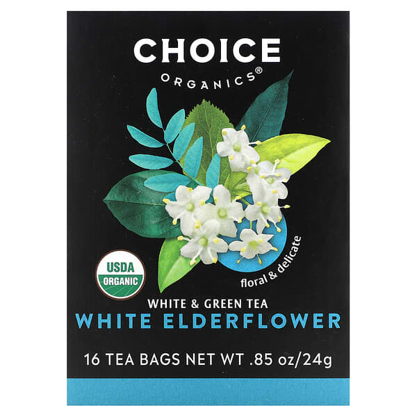 Choice Organic Teas, White & Green Tea, White Elderflower, 16 Tea Bags, 0.85 oz (24 g)