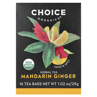 Choice Organic Teas, Herbal Tea, мандарин и имбирь, без кофеина, 16 чайных пакетиков, 29 г (1,02 унции)