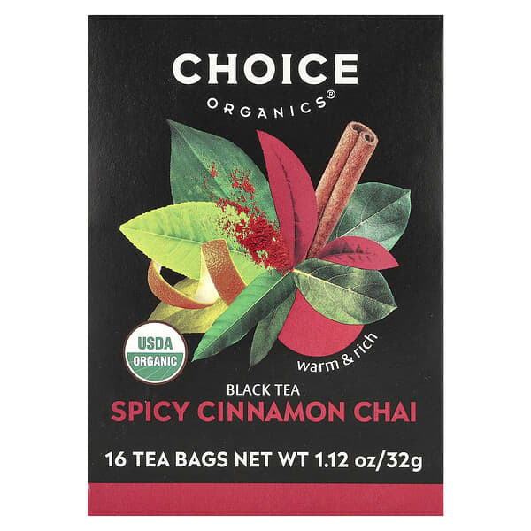 Choice Organic Teas, Black Tea, Spicy Cinnamon Chai, 16 Tea Bags, 1.12 oz (32 g)