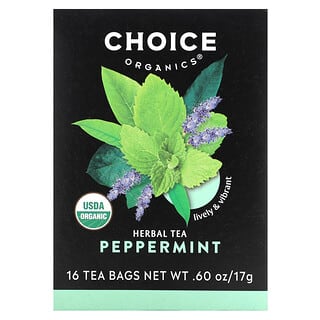 Choice Organic Teas, Herbal Tea, перечная мята, без кофеина, 16 чайных пакетиков, 17 г (0,60 унции)