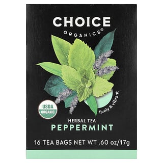Choice Organics, Herbal Tea, Peppermint, Caffeine Free, 16 Tea Bags, 0.60 oz (17 g)