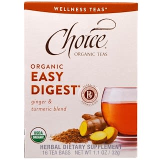 Choice Organic Teas, Organic Easy Digest, Ginger & Turmeric Blend, Caffeine Free, 16 Tea Bags, 1.1 oz (32 g)