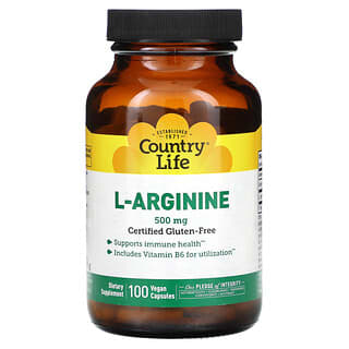 Country Life, L-arginina, 500 mg, 100 cápsulas veganas