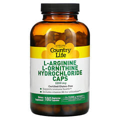 Country Life, L-Arginine & L-Ornithine Hydrochloride Caps, 1,000 mg, 180 Vegetarian Capsules
