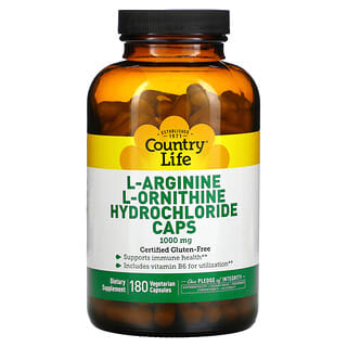 Country Life, L-аргинин и L-орнитина гидрохлорид в капсулах, 1000 мг, 180 вегетарианских капсул