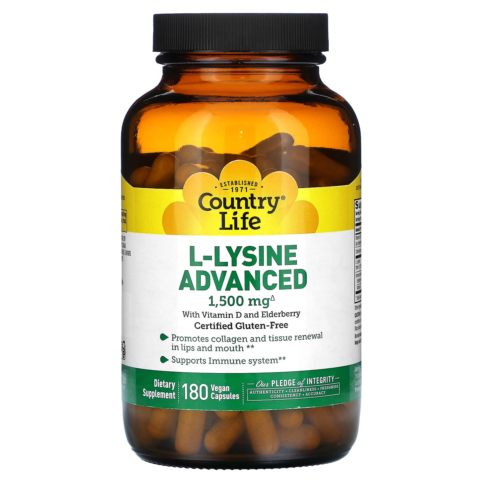 Country Life, LLysine, Advanced, 1,500 mg, 180 Vegan Capsules (500 mg per Capsule)