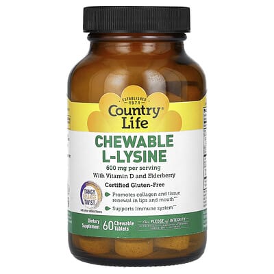 Country Life, L-Lysine, Vitamin D & Elderberry Chewable Tablets, Tangy Orange Twist, 60 Chewable Tablets