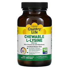 Country Life, L-лизин жевательный с витамином D и бузиной, 300 мг, 60 жевательных таблеток