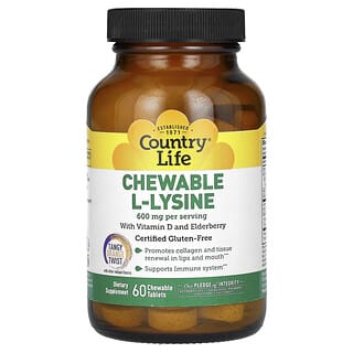 Country Life, L-lisina masticable con vitamina D y saúco, Toque de naranja ácida, 600 mg, 60 comprimidos masticables (300 mg por comprimido)