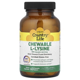 Country Life, жевательный L-лизин с витамином D и бузиной, с насыщенным вкусом апельсина, 60 жевательных таблеток