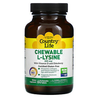 Country Life, L-lisina masticable con vitamina D y saúco, 300 mg, 60 comprimidos masticables